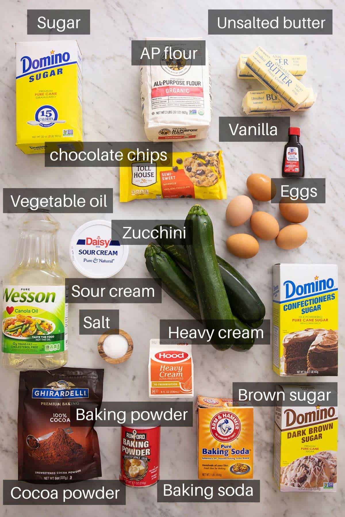 An overhead shot of all the ingredients you need to make chocolate zucchini cake
