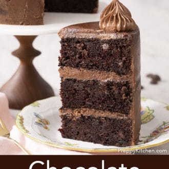 A chocolate zucchini cake piece on a plate.