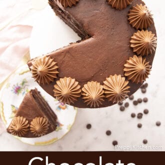 chocolate zucchini cake on a cake stand with a piece taken out