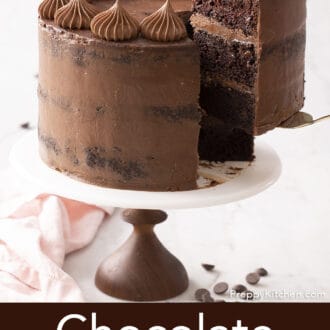 chocolate zucchini cake on a cake stand