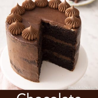 chocolate zucchini cake on a cake stand