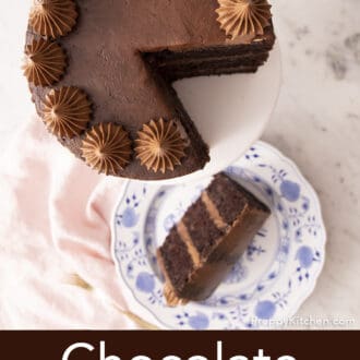 piece of chocolate zucchini cake on a plate under cake stand