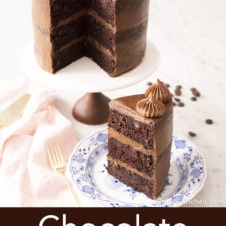 piece of chocolate zucchini cake on a blue and white plate
