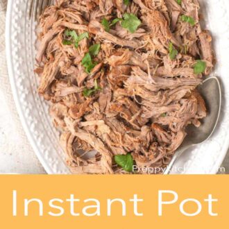 Pinterest graphic of Instant pot pulled pork with chopped parsley along with a spoon and fork.