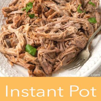 Pinterest graphic of Instant pot pulled pork with a spoon and fork topped with parsley.
