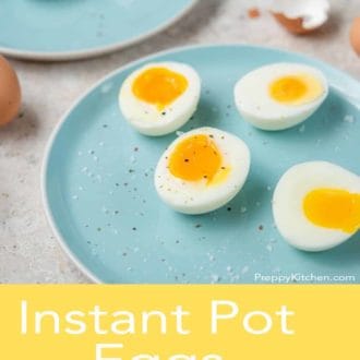 Pinterest graphic of an Instant Pot boiled eggs on a blue plate topped with salt and pepper.