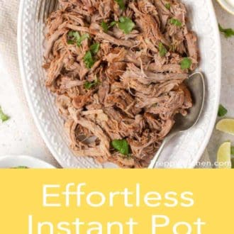 Pinterest graphic of a white platter with Instant Pot pulled pork with a spoon and fork topped with chopped parsley.