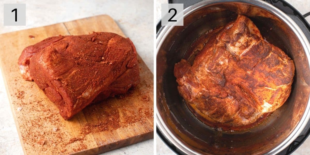 Two photos showing how to season and sear pork to make pulled pork