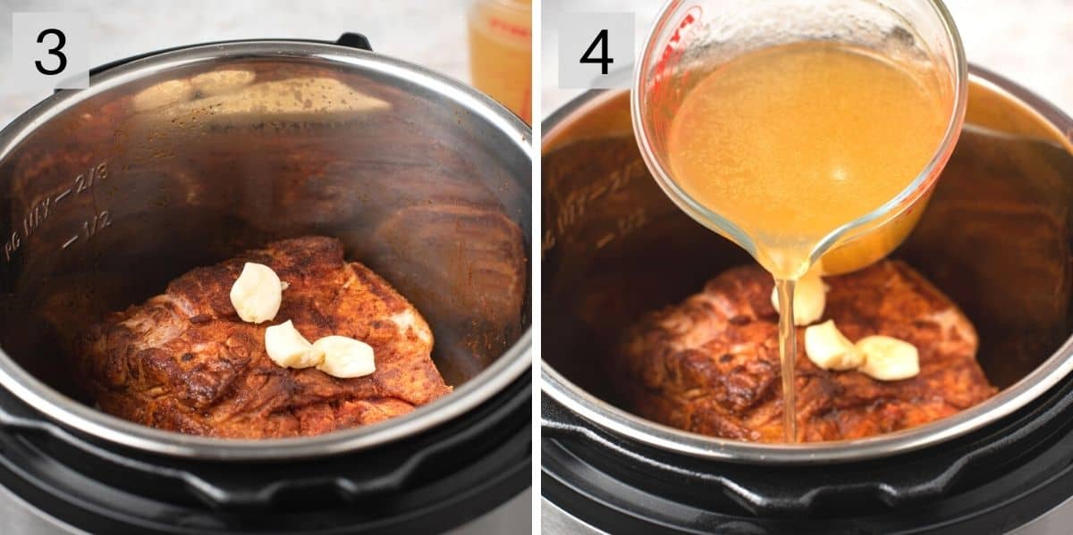 Two photos showing how to make pulled pork in an instant pot