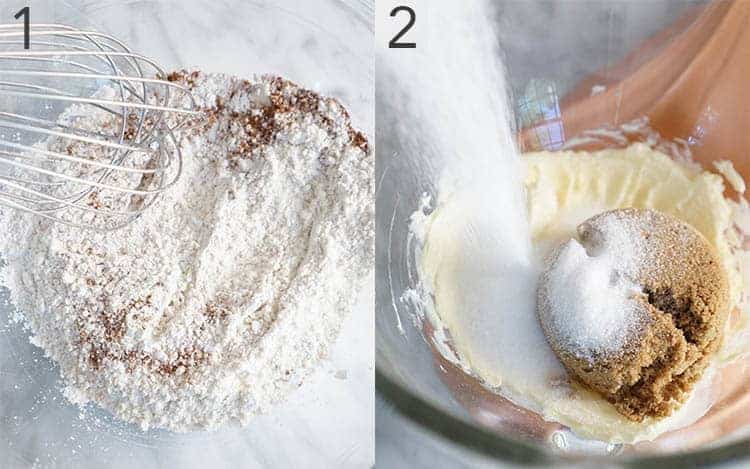 A photo collage showing the beginning steps to make oatmeal raisin cookies
