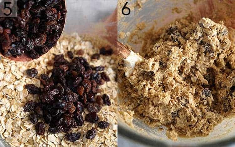 A photo collage showing oats and raising added to cookie dough and being mixed in. 