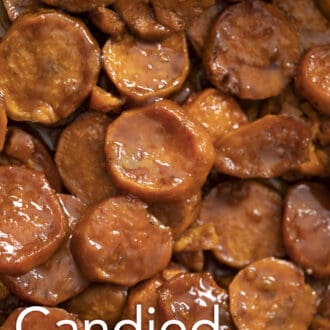 Pinterest graphic of candied Yams cut into round shapes.