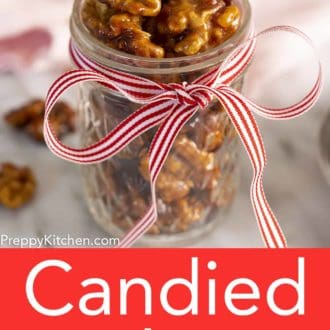 glass jar filled with candied walnuts