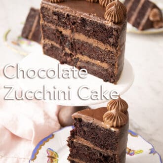 chocolate zucchini cake on a cake stand