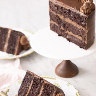 chocolate zucchini cake on a cake stand