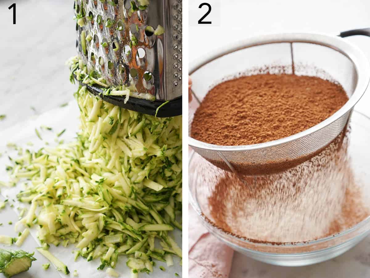 Zucchini getting shredded to make chocolate zucchini cake.