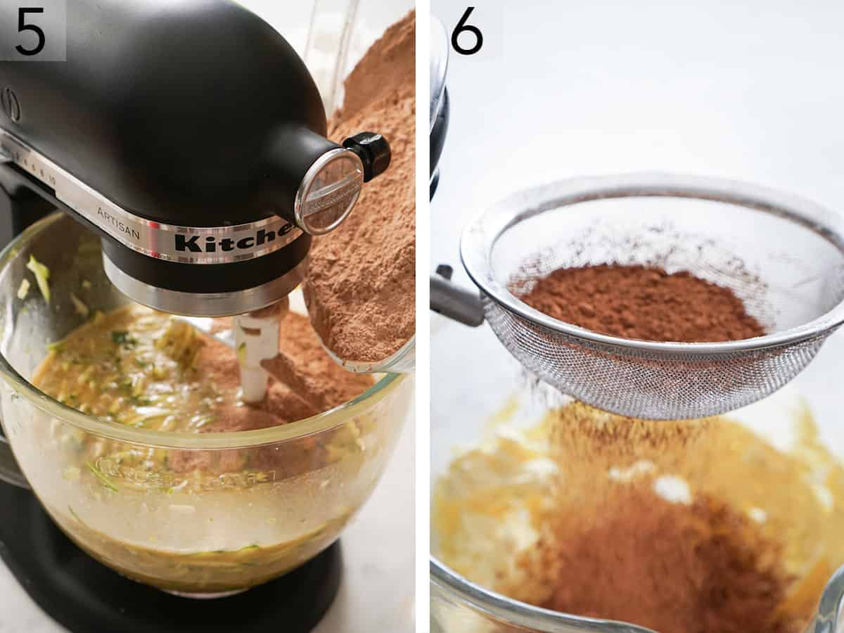 Dry and wet ingredients for chocolate zucchini cake combining in a stand mixer.