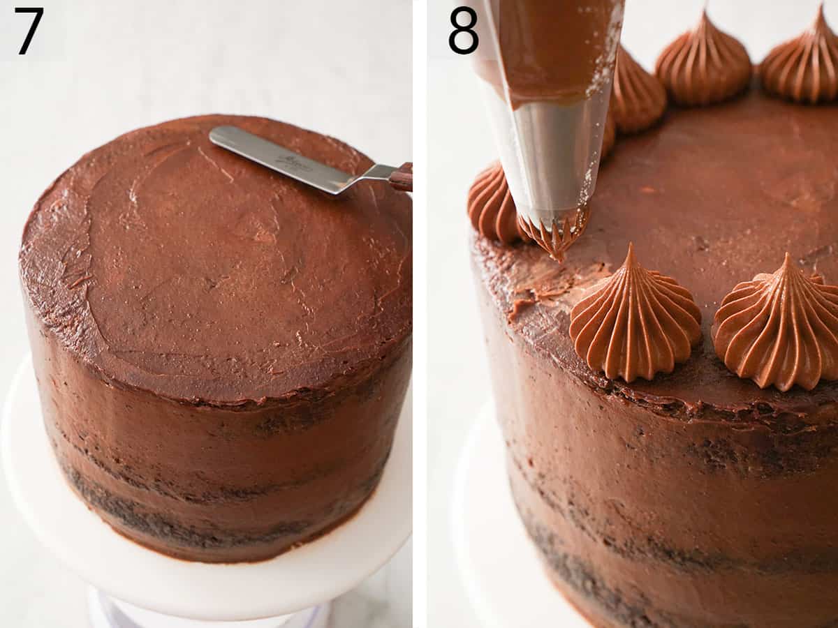 A chocolate zucchini cake getting topped with dollops of chocolate buttercream. 