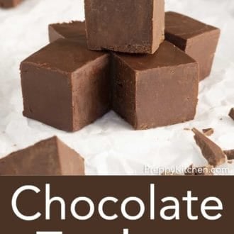 Pinterest graphic of stack of square fudge pieces.
