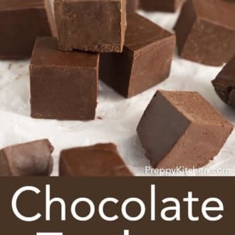 Pinterest graphic of a stack of square fudge pieces surrounded by more fudge.