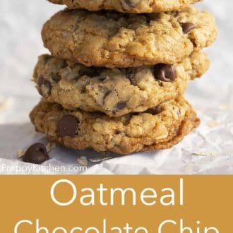 stack of oatmeal chocolate chip cookies on parchment paper