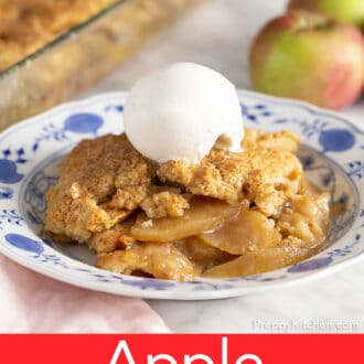 Pinterest graphic of apple cobbler with a scoop of ice cream on a plate next to some apples.