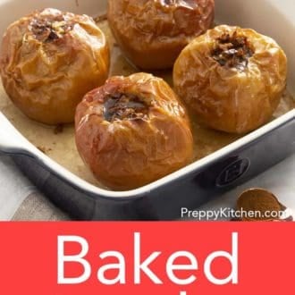 Pinterest graphic of baked apples in a baking dish.