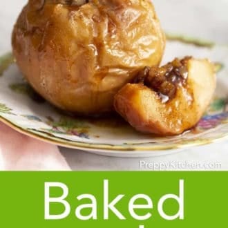 Pinterest graphic of a baked apple on a plate with a slice beside it.