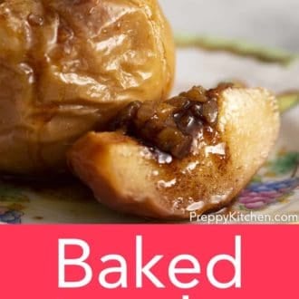 Pinterest graphic of a baked apple on a plate with a cut slice beside it.