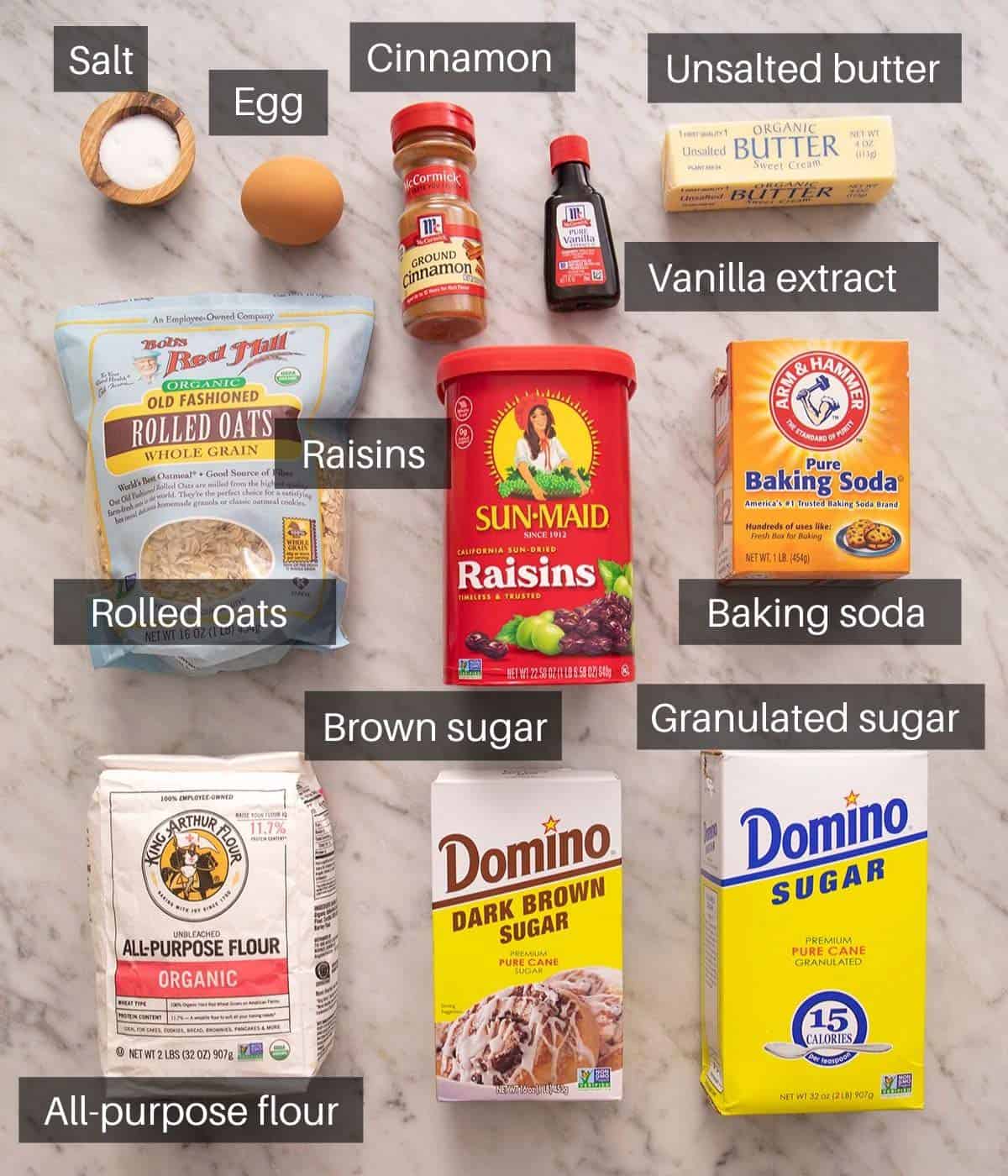 An overhead shot of all the ingredients you need to make oatmeal raisin cookies