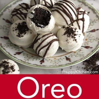 Pinterest graphic of Oreo balls stacked on a plate, some drizzled with chocolate and some topped with Oreo crumbs.