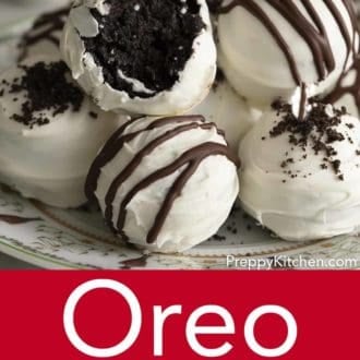 Pinterest graphic of Oreo balls stacked on a plate with one with a bite taken out.