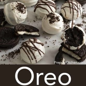 Pinterest graphic of Oreo balls scattered with Oreos and crumbs on a white counter.