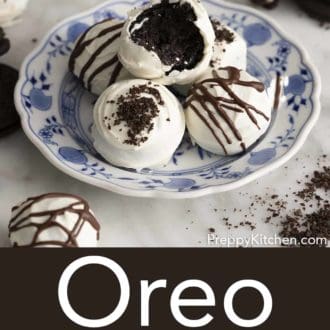 Pinterest graphic of Oreo balls on a blue and white plate.