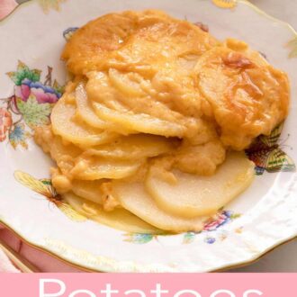 A Pinterest graphic of gratin potatoes on a plate.