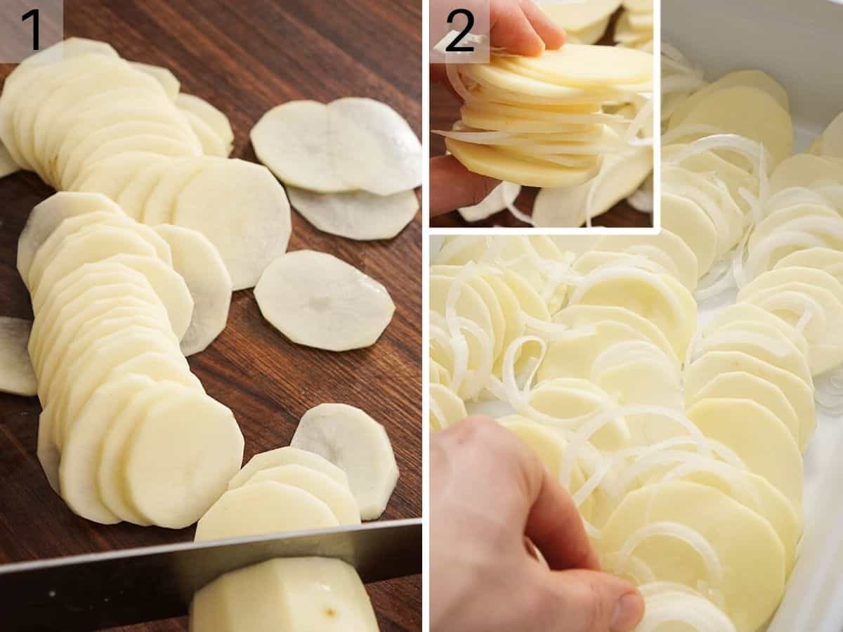 Set of two photos showing potatoes sliced and then potatoes and onions slices layered into a baking dish