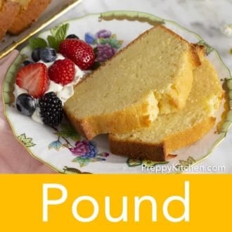 Pinterest graphic of a plate of two pound cake slices with berries and cream.