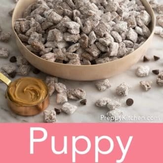 Pinterest graphic showing puppy chow in a bowl with more scattered around.