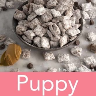 Pinterest graphic showing puppy chow in a bowl with more puppy chow scattered around.