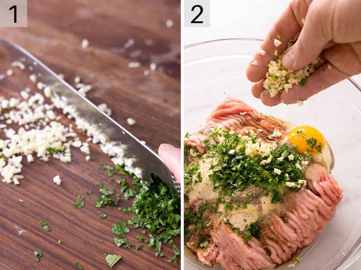 Two photos showing how to mix ingredients together for turkey burgers