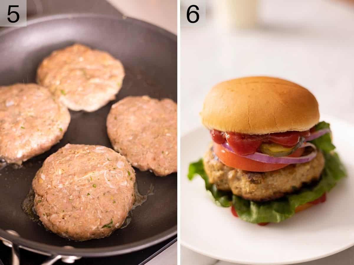 Two photos showing to cook and assemble turkey burgers