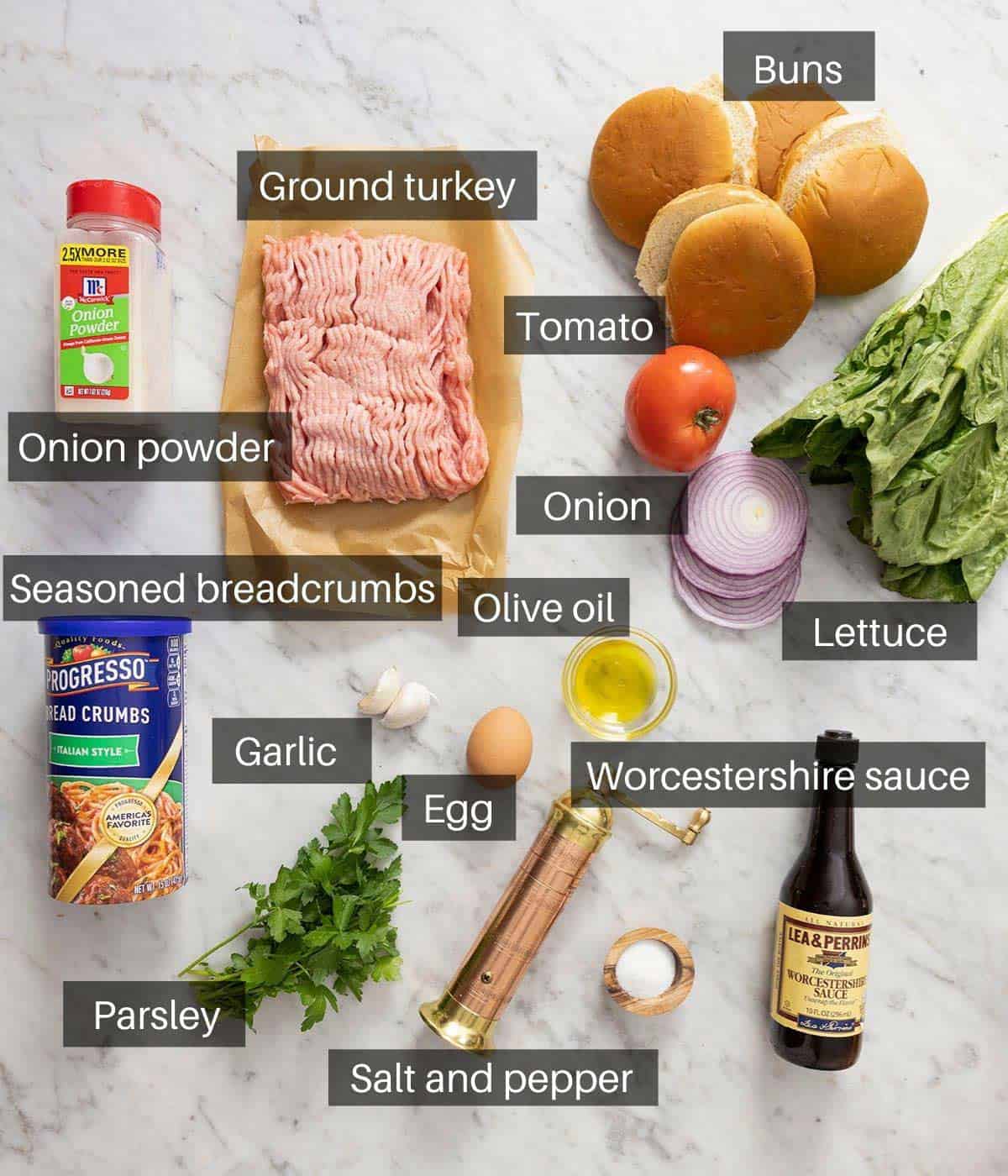 An overhead shot of all the ingredients you need to make turkey burgers