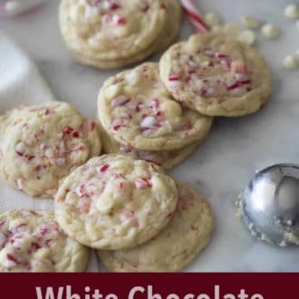 Pinterest graphic of multiple white chocolate peppermint cookies.