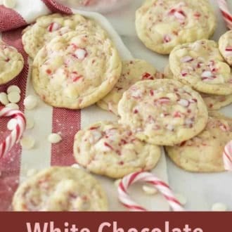 Pinterest graphic of multiple white chocolate peppermint cookies.