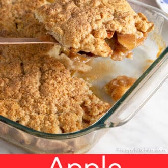 Pinterest graphic of apple cobbler getting served from a glass baking dish.