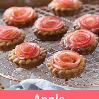A pinterest graphic of several apple rose tarts