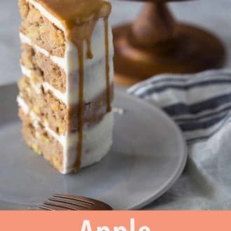 Pinterest graphic of a slice of apple spice cake on a plate.