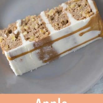 Pinterest graphic of a slice of apple spice cake laying down on a plate.