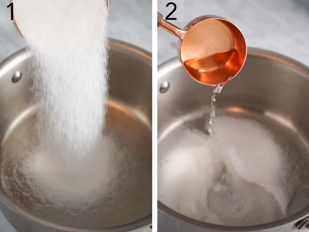 Two photos showing sugar and water getting poured into a pot.