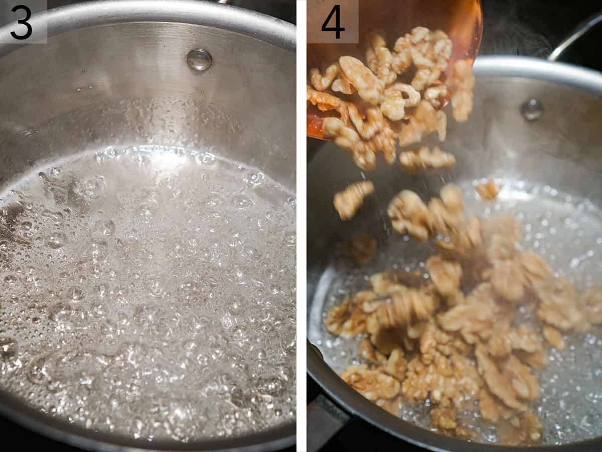 Two photos showing walnuts going into a a pot of boiling sugar.